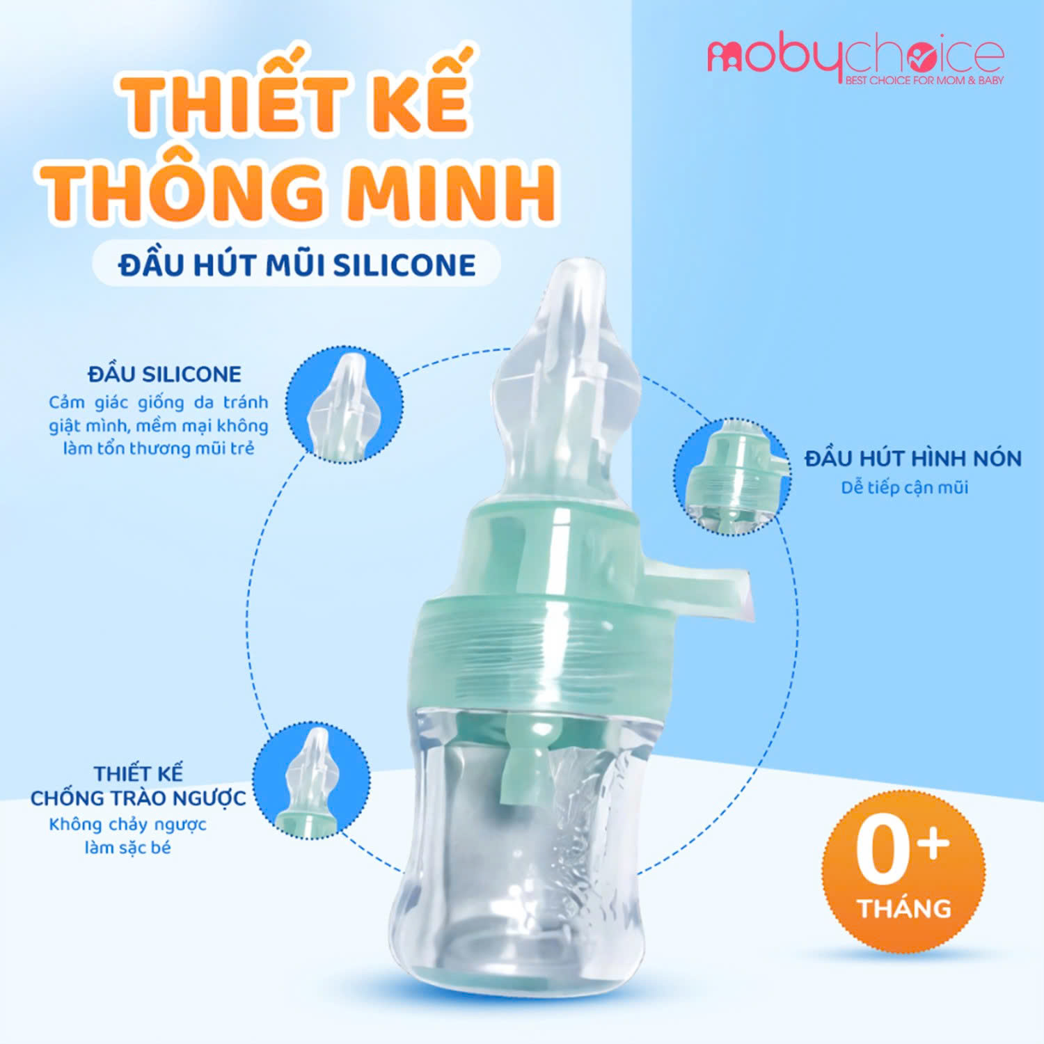 Cận cảnh đầu hút silicone và bình chứa MOBYCHOICE
